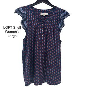 LOFT Women's Blue Red Floral Print Blouse Top Size L